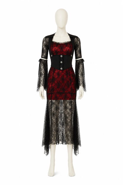 Red and Black Dress with Batwing Sleeves and Spiderweb Pattern back view