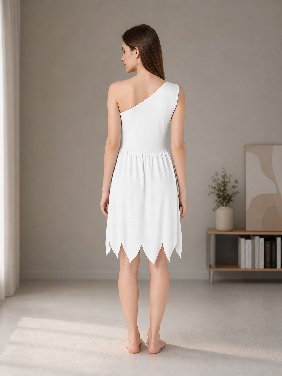 Women's White Cavewoman Costume Dress: One-Shoulder Asymmetric Neckline back view 4