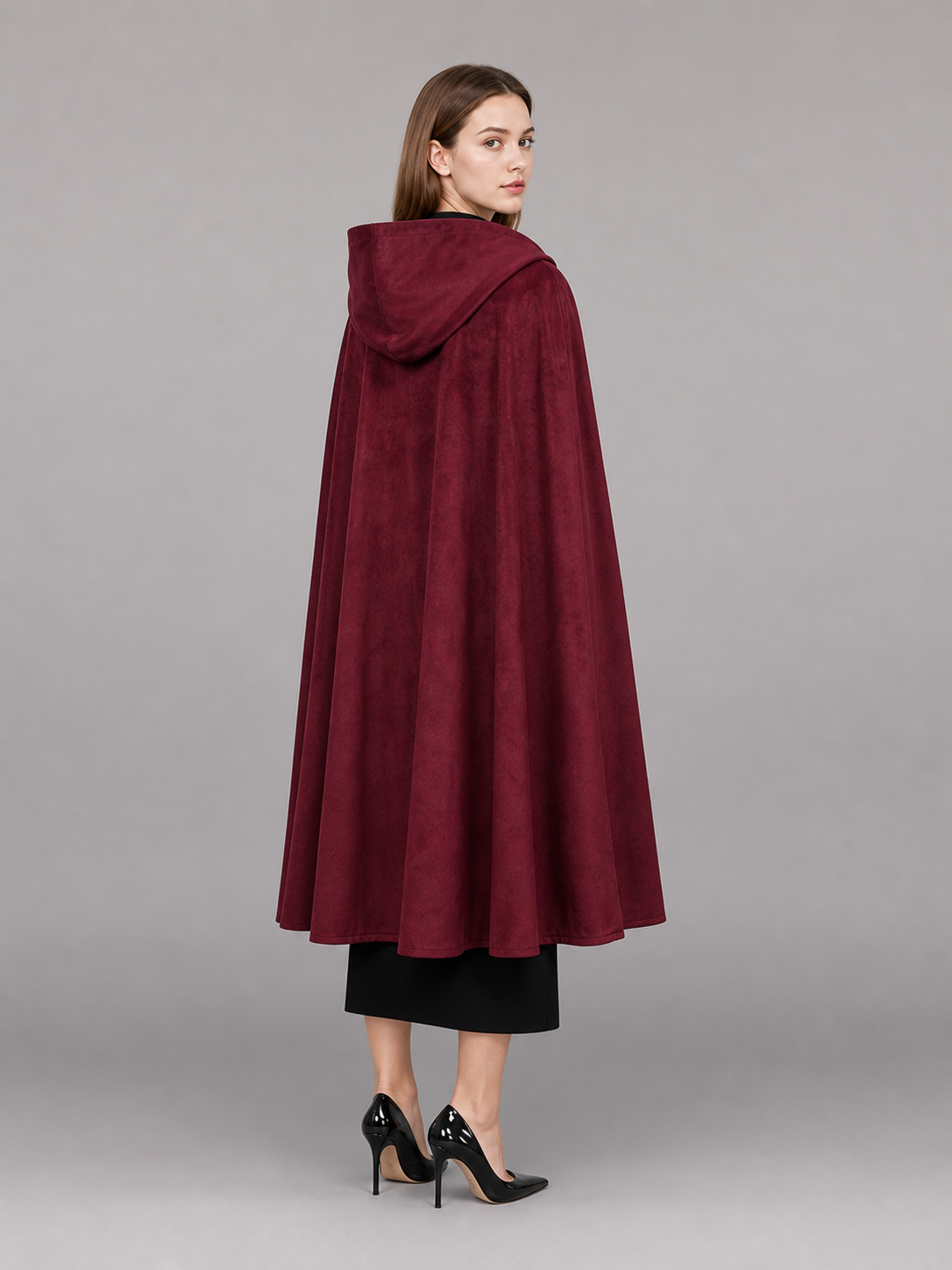 Long burgundy carnival cloak with hood