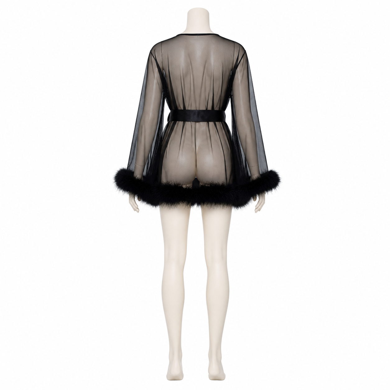 Black Sheer Robe with Belt and Long Sleeves back view