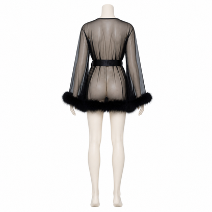 Black Sheer Robe with Belt and Long Sleeves back view