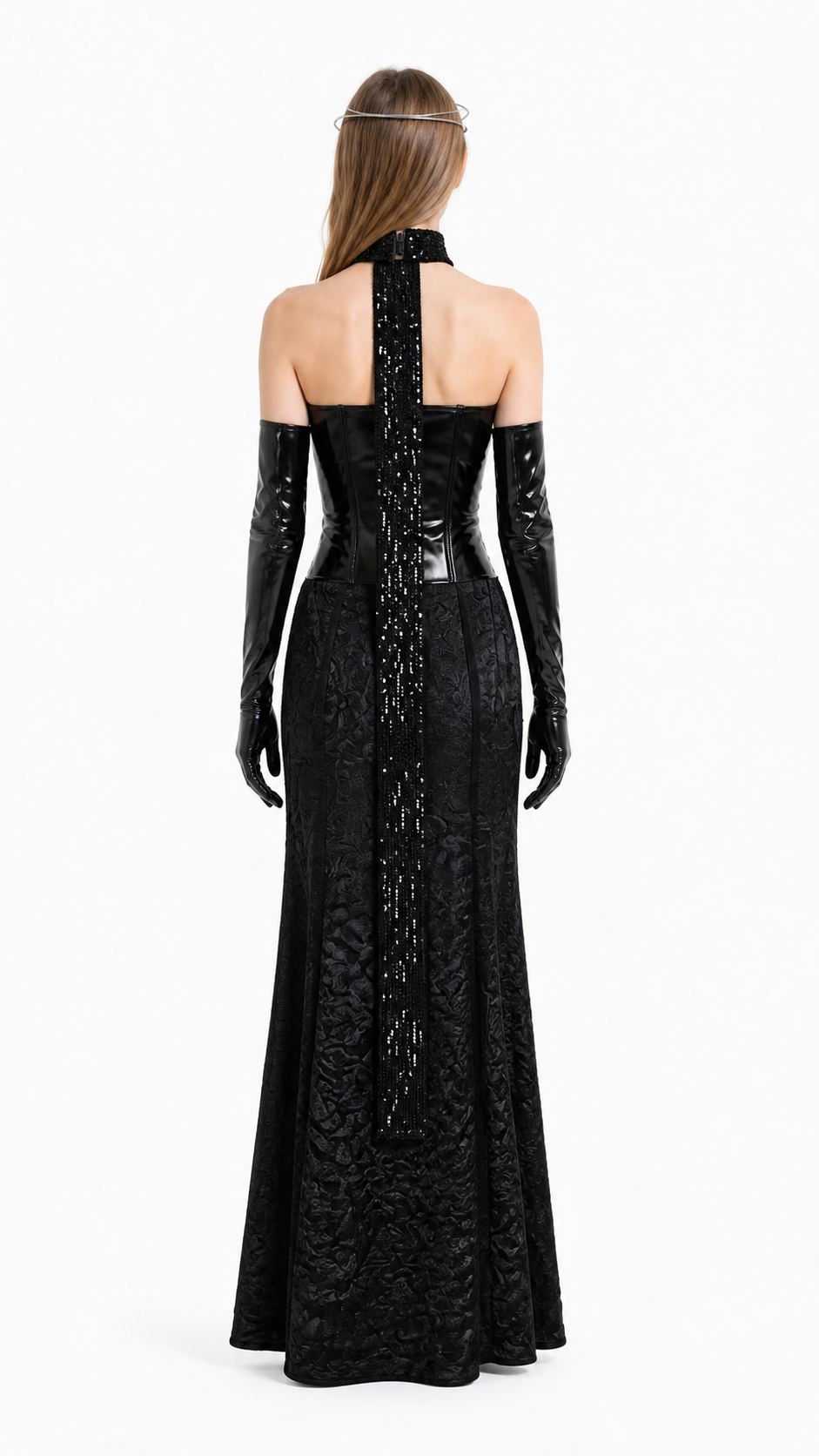 Long Black Sequin Dress with Gloves back view