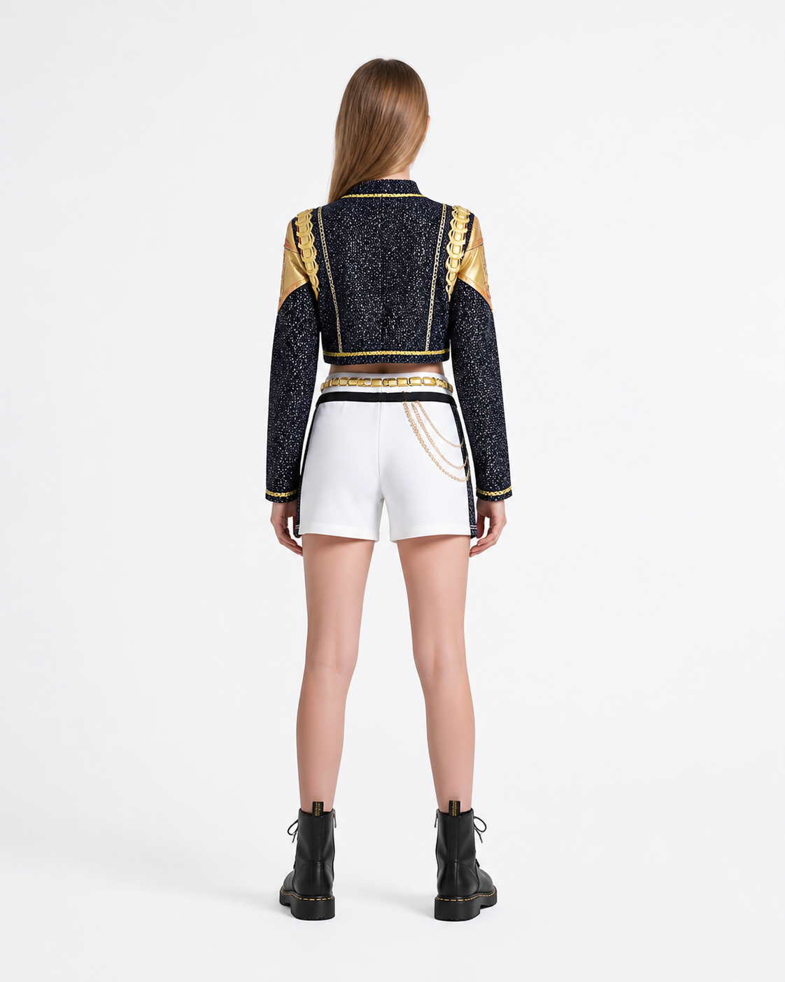Black-and-White Cosplay Costume with Gold Decoration back view