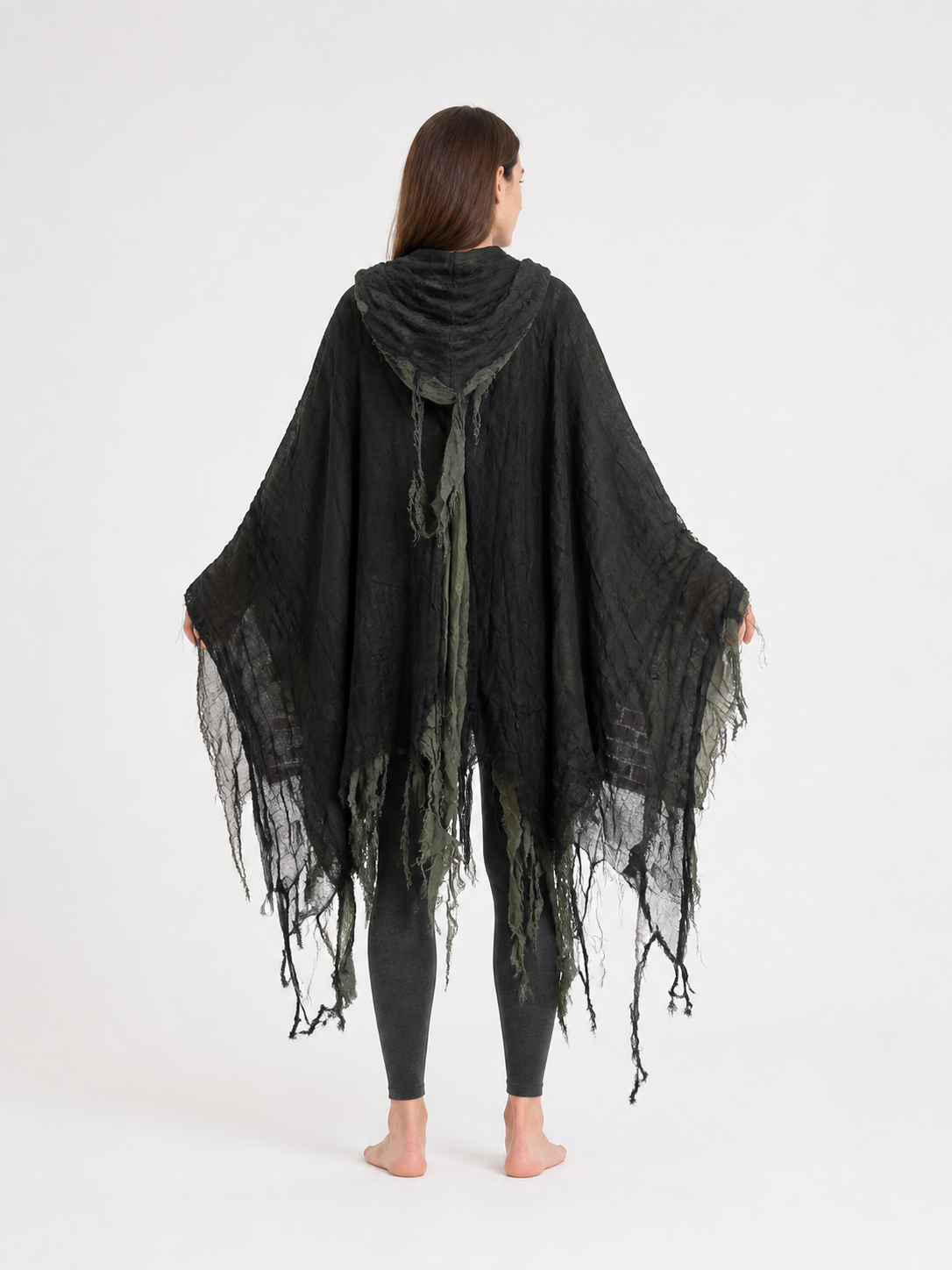 Cloak Cape with a Pointed Hood and Tattered Fringe back view