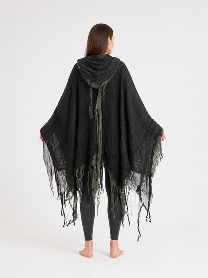 Cloak Cape with a Pointed Hood and Tattered Fringe back view