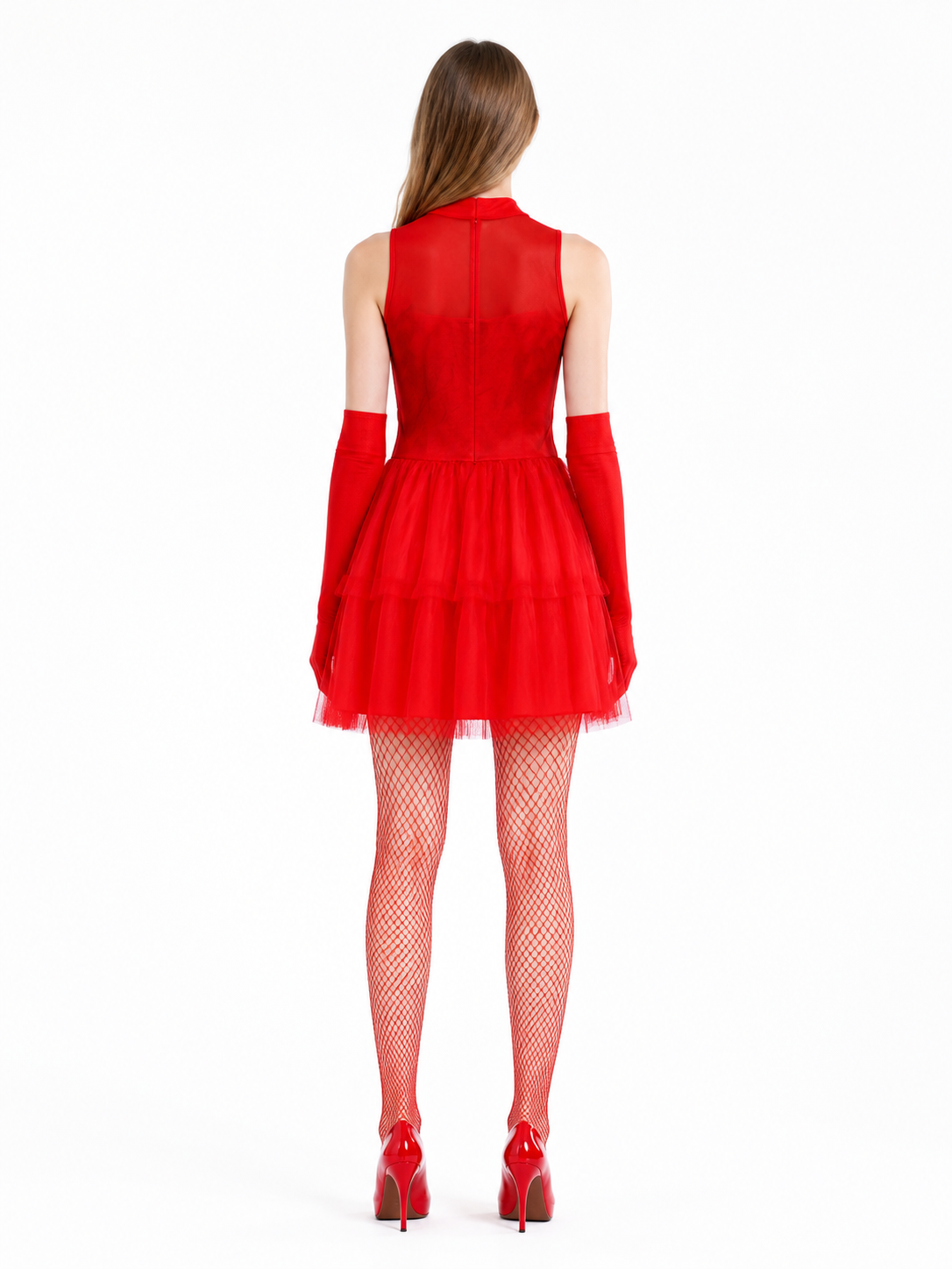 Red Sleeveless Dress with Full Skirt back view