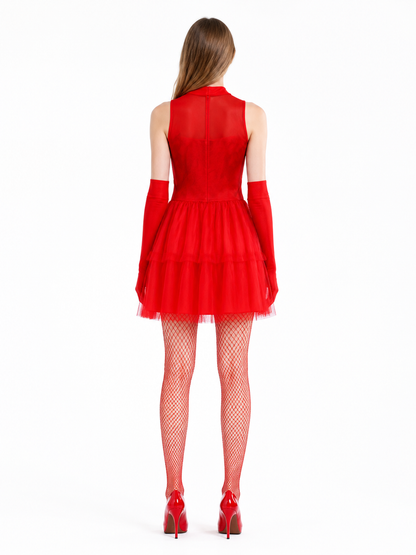 Red Sleeveless Dress with Full Skirt back view