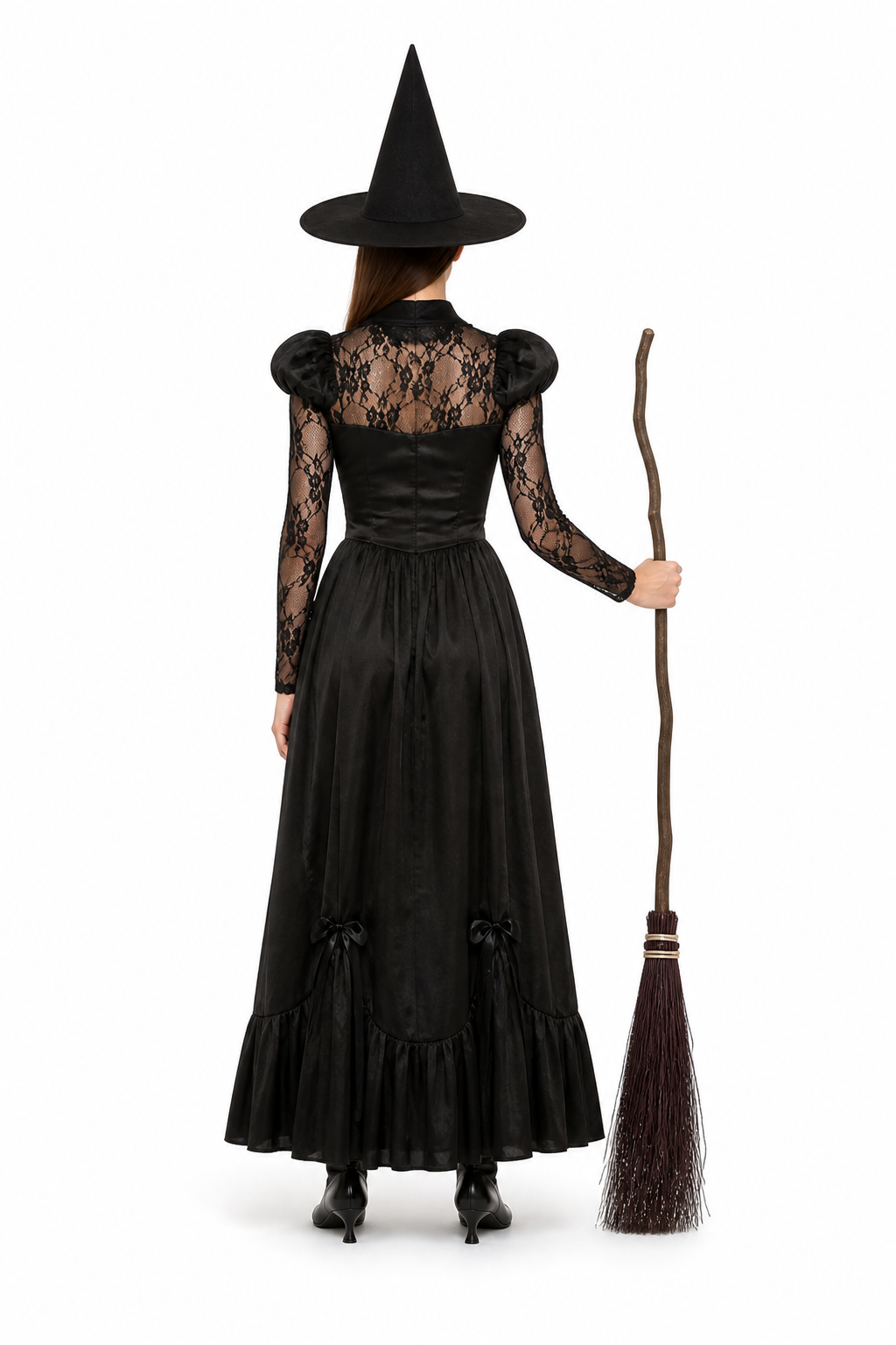 Black Witch Costume with Lace and Hat back view