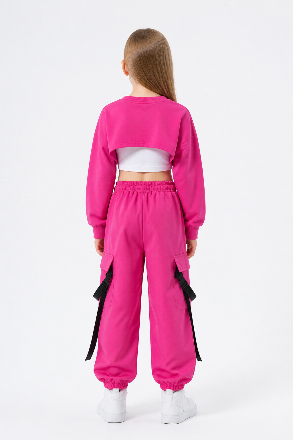 Kids' Pink Dance Costume with Top and Cargo Pants back view