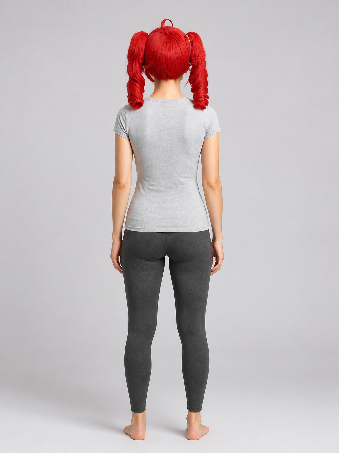 Red cosplay wig with pink strands back view