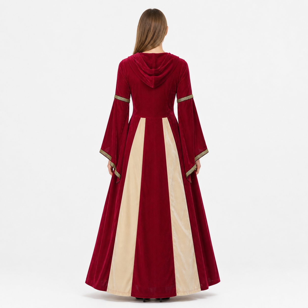 Medieval Hooded Dress with Gold Trim back view
