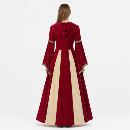 Medieval Hooded Dress with Gold Trim back view
