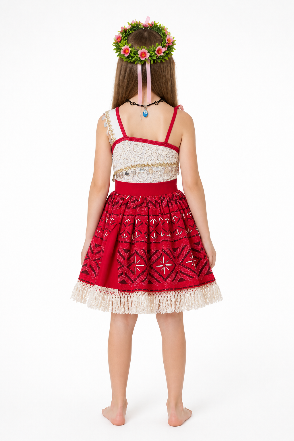 Children’s Moana costume with a red full skirt for Halloween back view