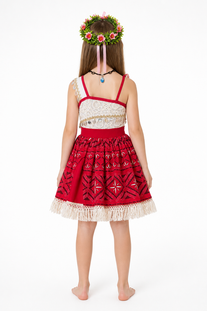 Children’s Moana costume with a red full skirt for Halloween back view