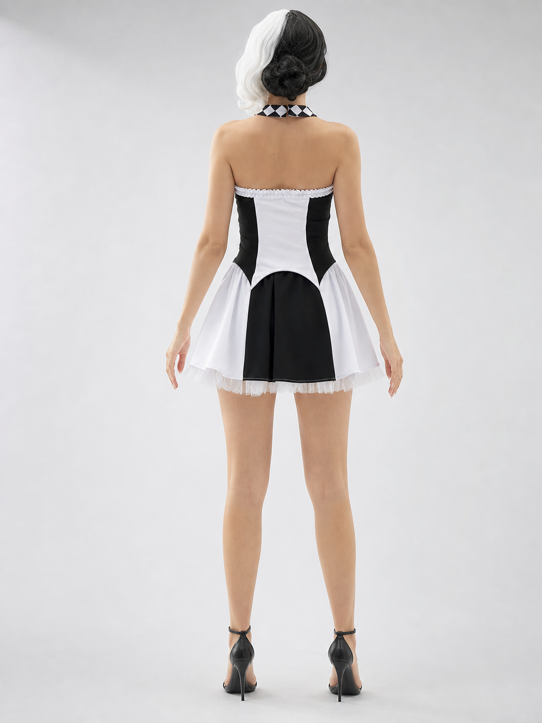 Black-and-White Carnival Dress with Diamond Pattern back view
