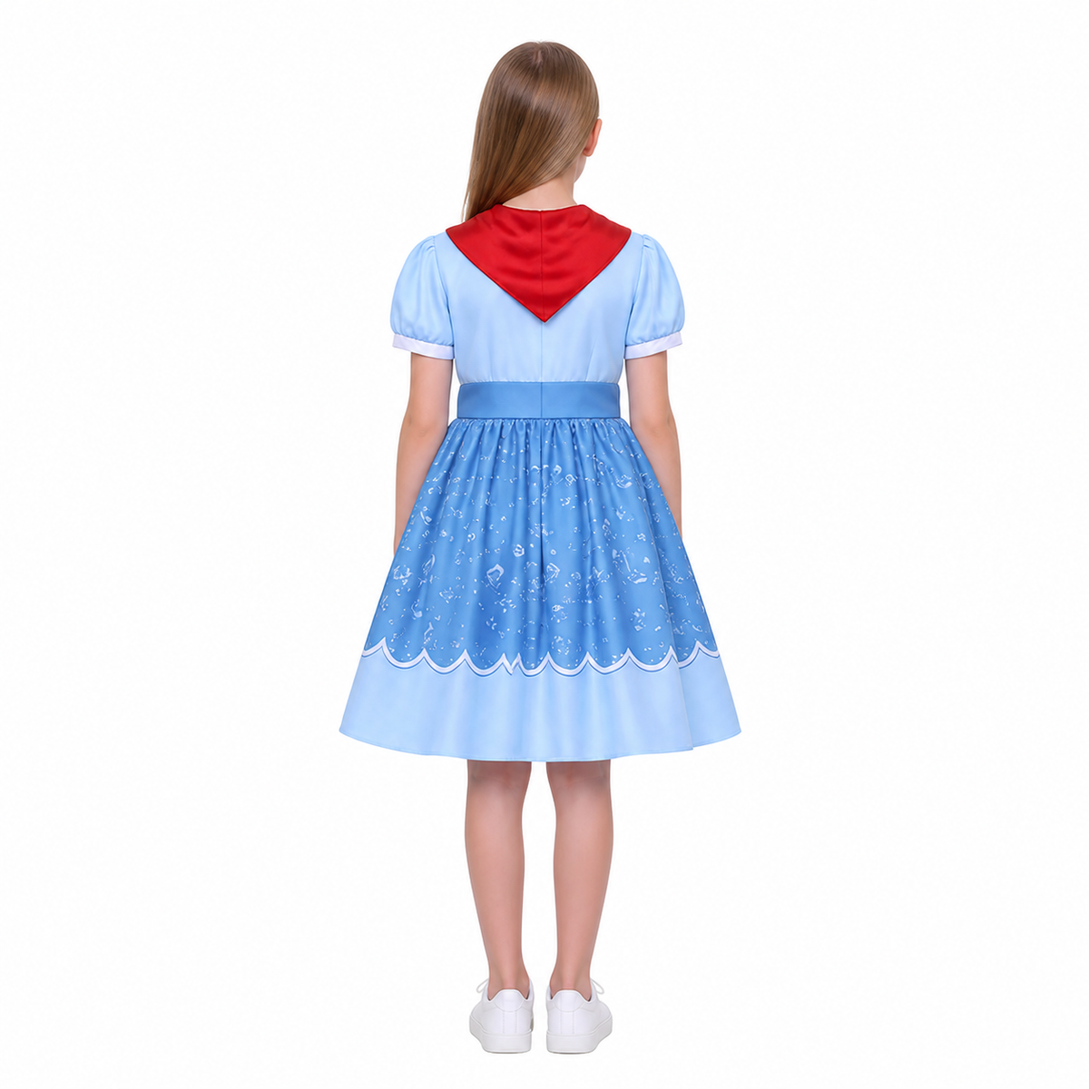 Blue Short-Sleeve Dress with Red Scarf and Bow back view