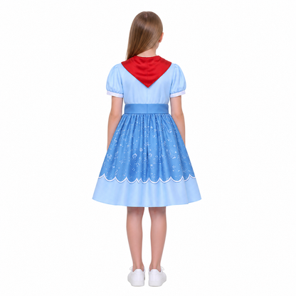 Blue Short-Sleeve Dress with Red Scarf and Bow back view