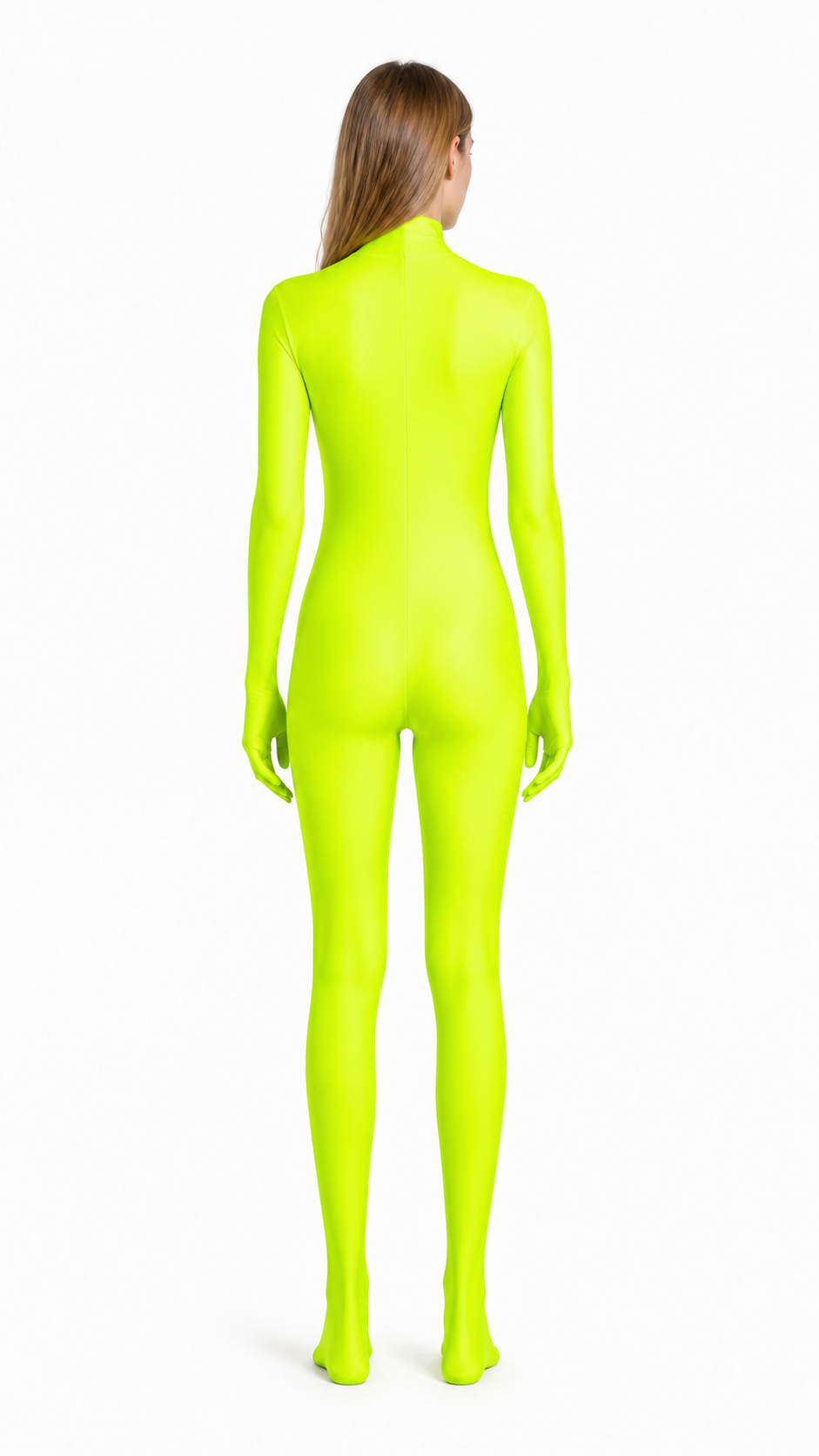 Hooded Zentai bodysuit, yellow-green back view