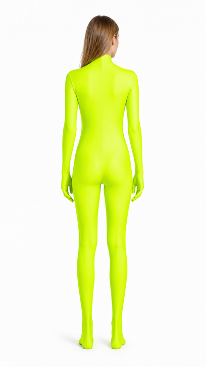 Hooded Zentai bodysuit, yellow-green back view