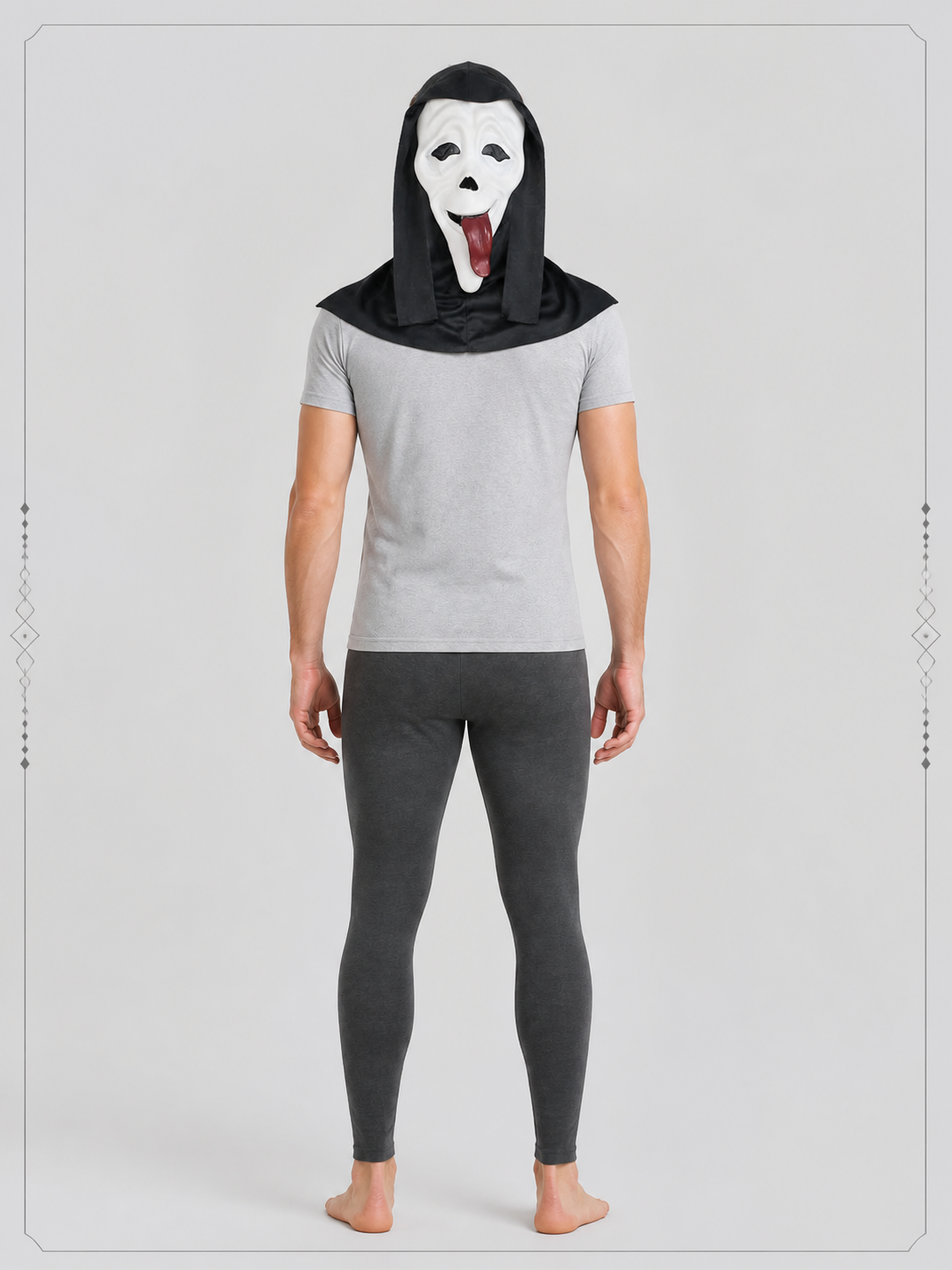 Halloween Mask with a Red Tongue and Black Hood back view