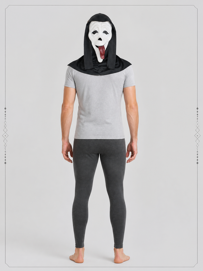 Halloween Mask with a Red Tongue and Black Hood back view