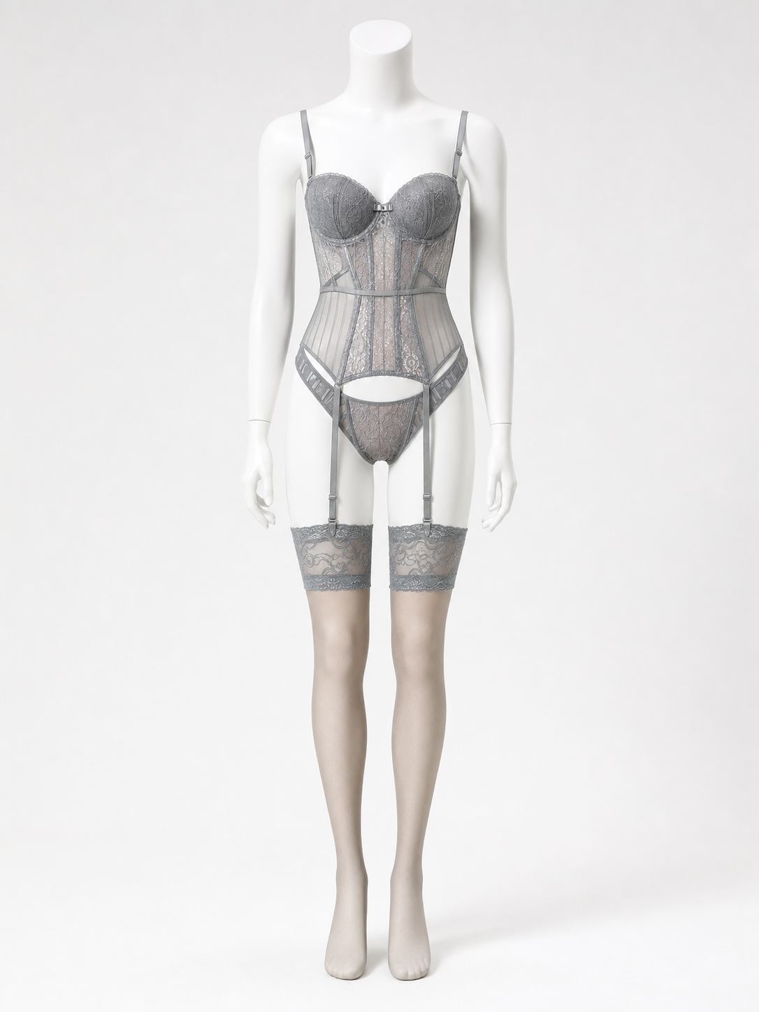 Lace bodysuit with garters, bust, and bow back view