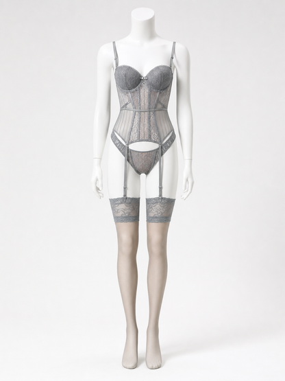 Lace bodysuit with garters, bust, and bow back view