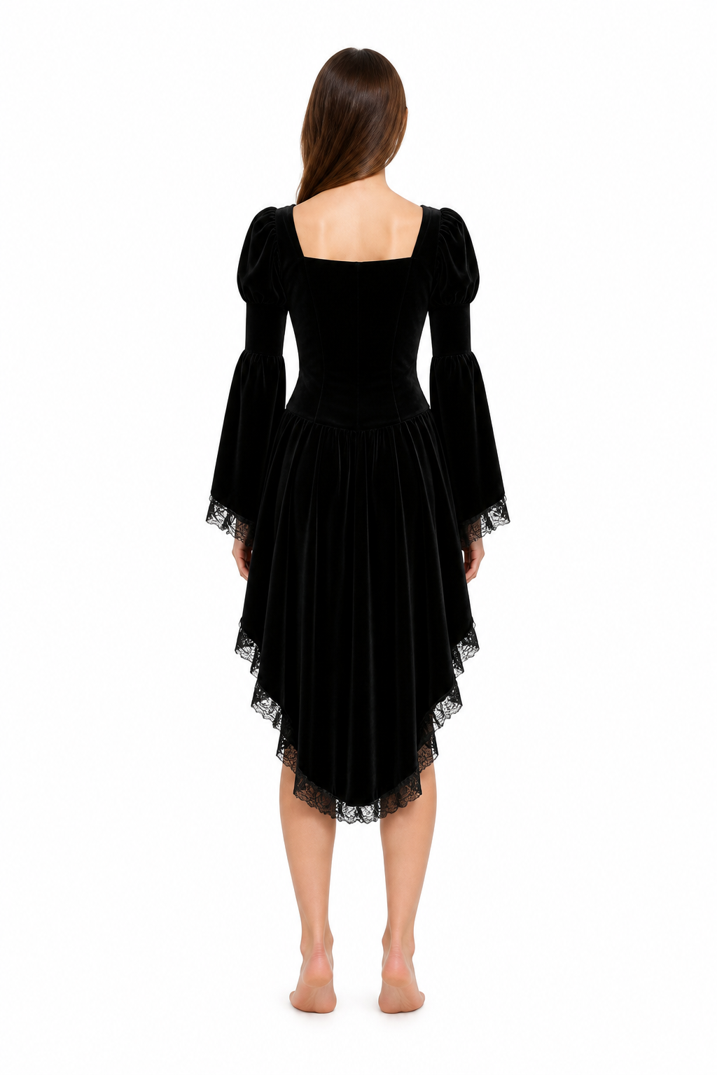Gothic Dress with an Asymmetrical Hem and Zipper back view