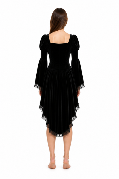 Gothic Dress with an Asymmetrical Hem and Zipper back view