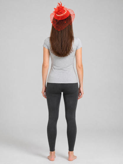 Red Carnival Headpiece with Veil and Feathers back view