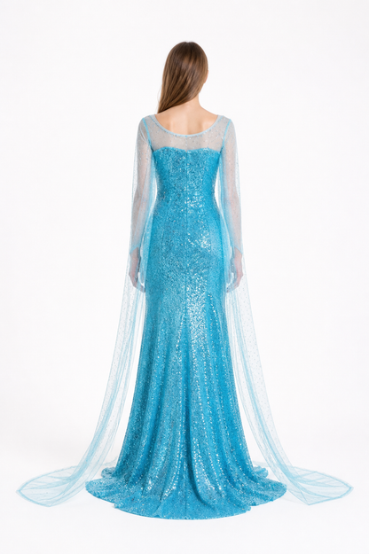 Blue Elsa Dress with Sequins and a Long Train back view