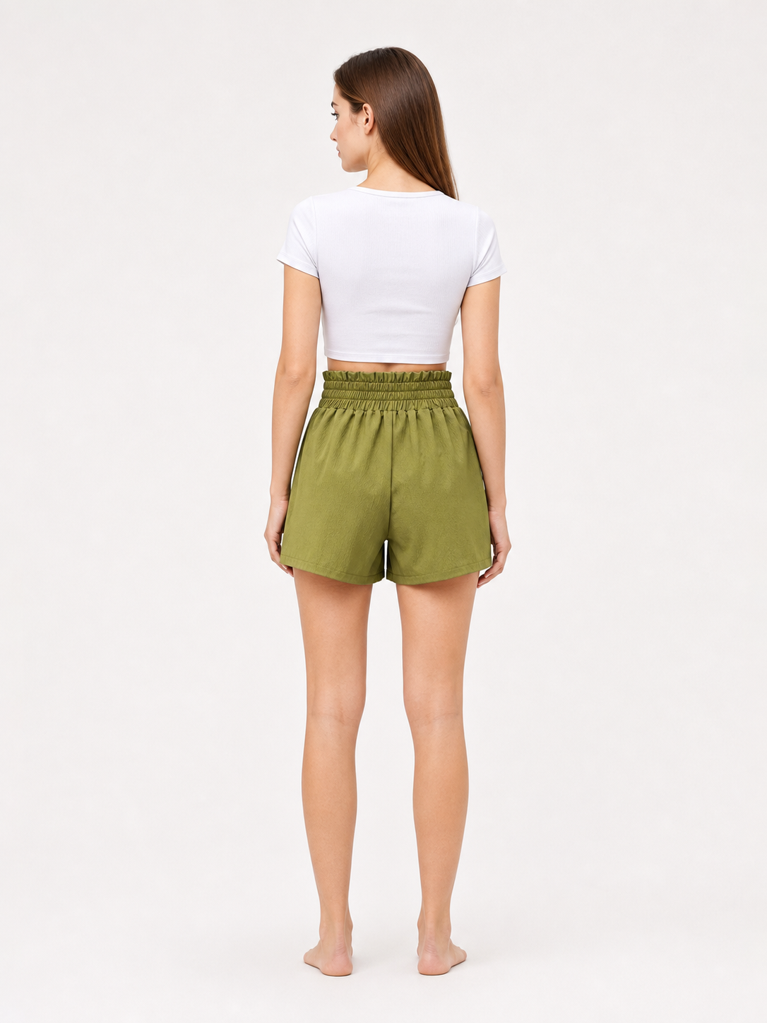 Olive-Colored High-Waisted Shorts with Pockets back view