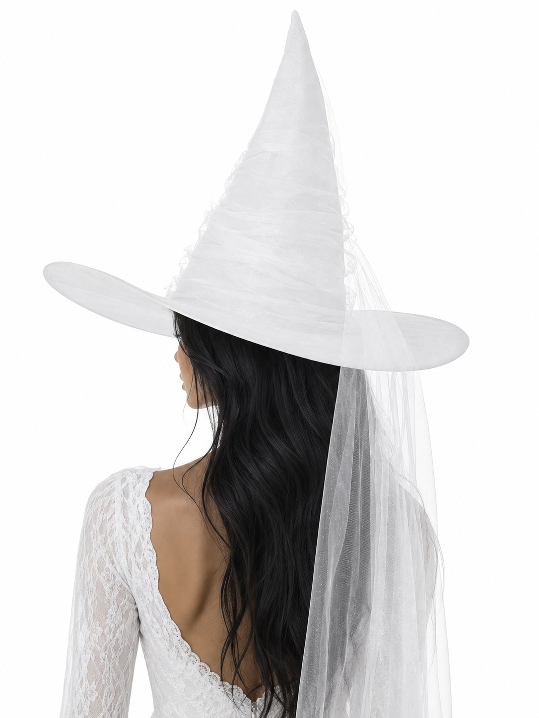 White Halloween Witch Hat With Attached Sheer Veil, Tall Curved Pointed Crown And Wide Floppy Brim For Cosplay Costume Party