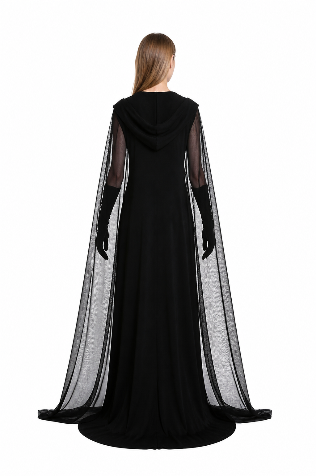 Hooded Costume: Dress, Cape, and Gloves back view