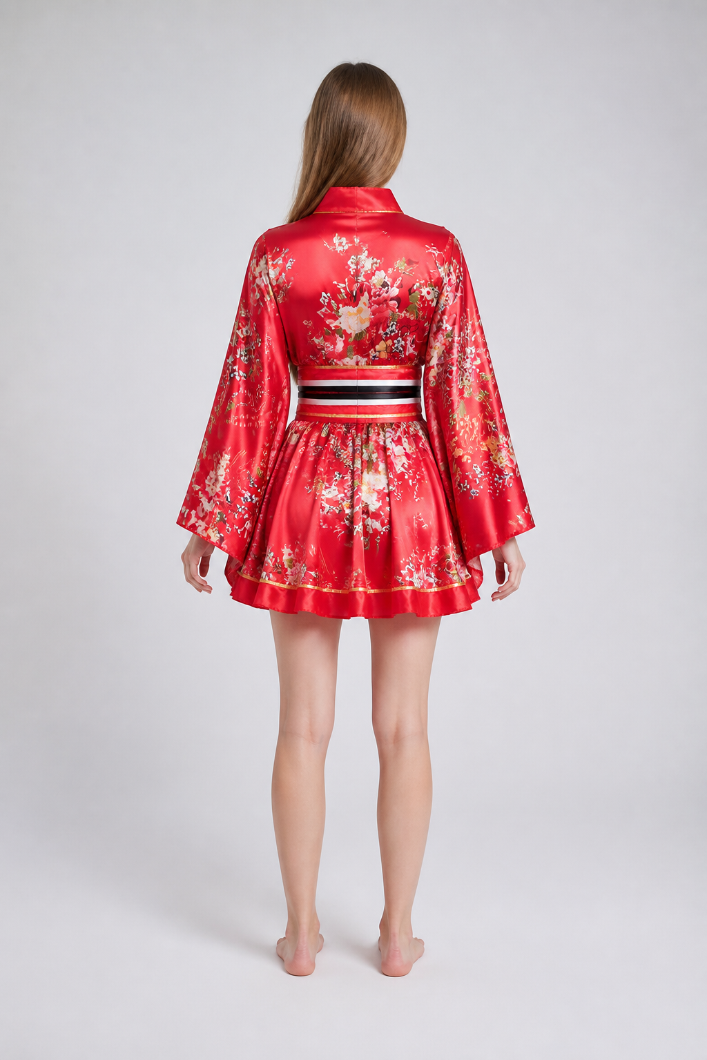 Short Kimono with Floral Print and Sash back view
