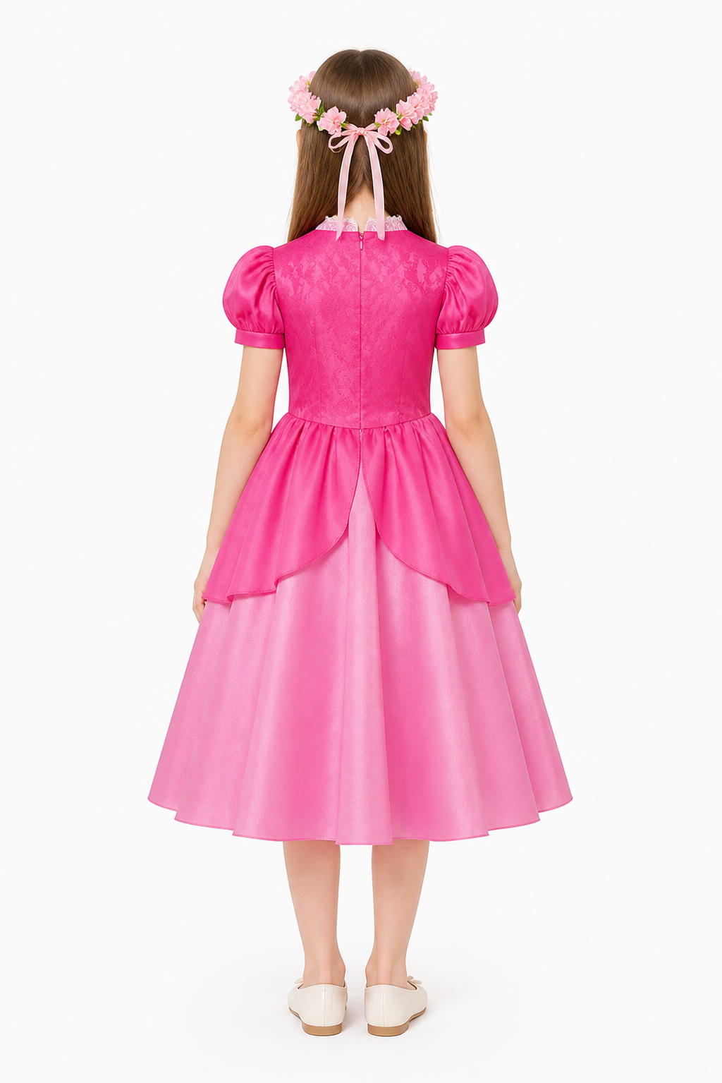 Puffy layered princess dress with short sleeves back view