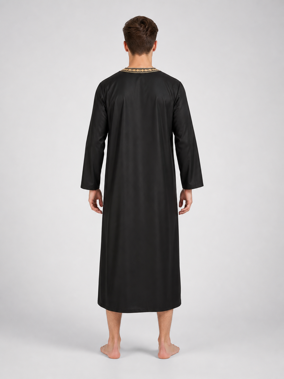 Long Black Abaya with Gold Collar Trim