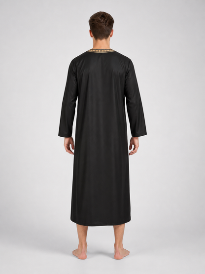 Long Black Abaya with Gold Collar Trim