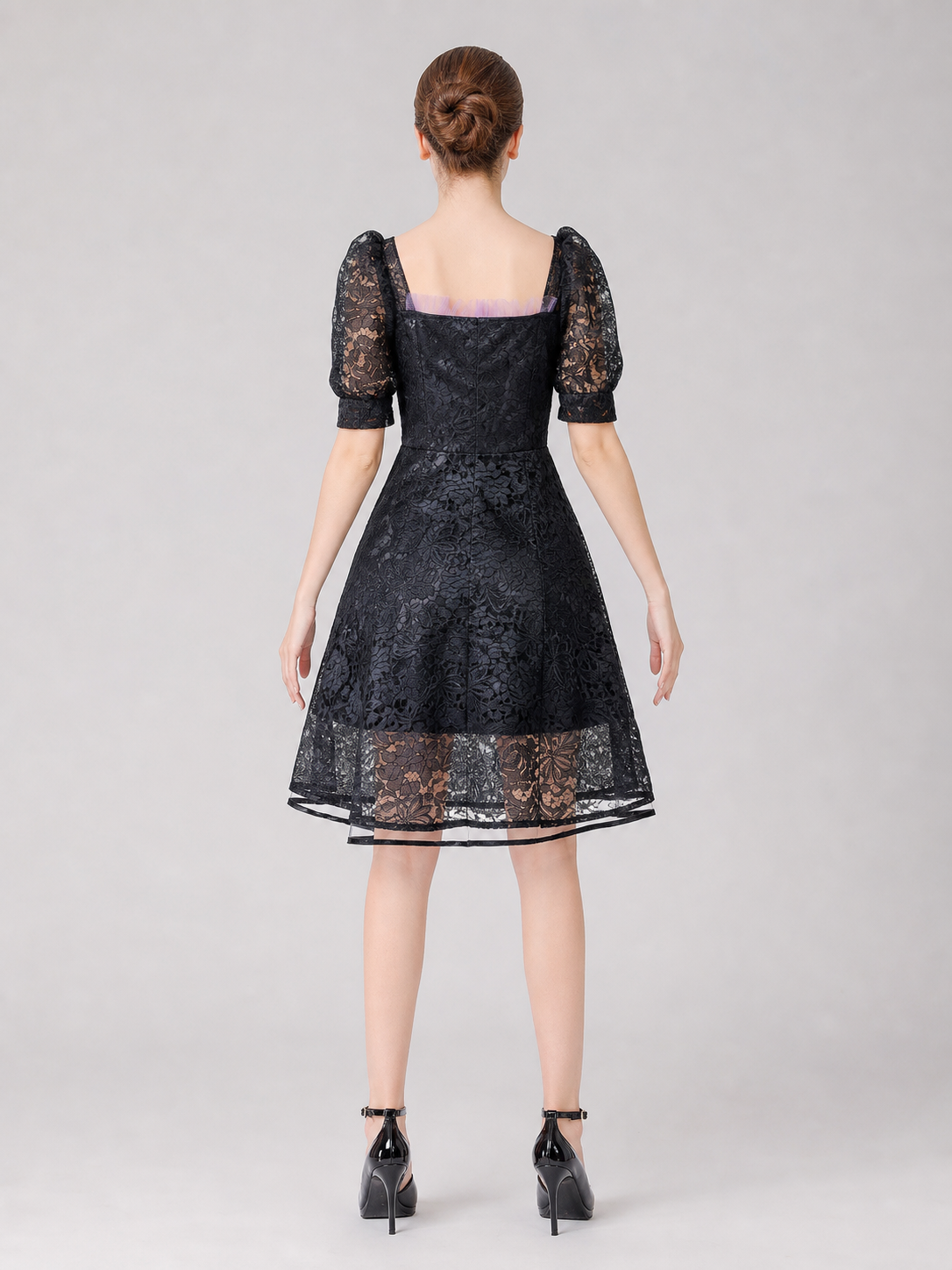 Gothic Lace Dress with Purple Trim back view