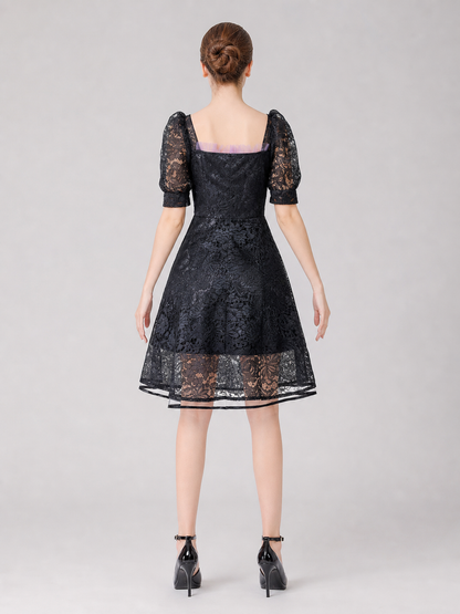 Gothic Lace Dress with Purple Trim back view