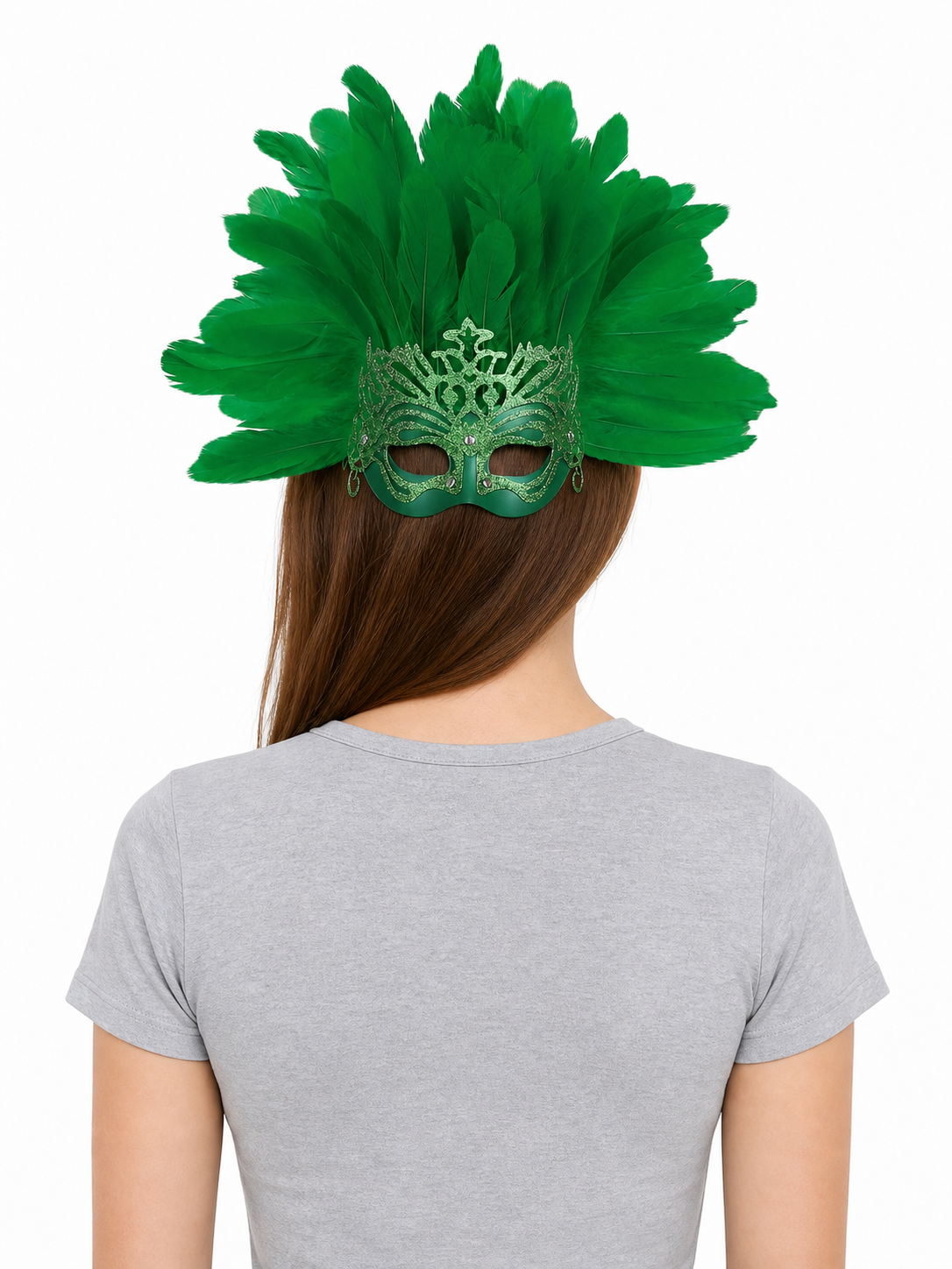 Carnival Mask with Green Feathers and Glitter