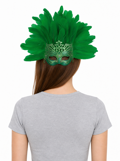 Carnival Mask with Green Feathers and Glitter