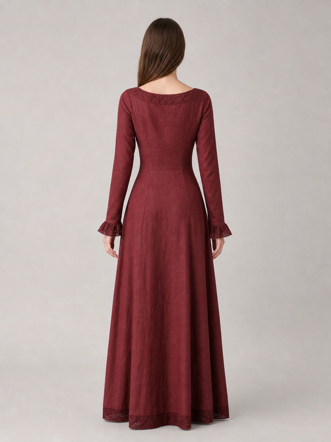 Vintage Burgundy Maxi Dress with Long Sleeves