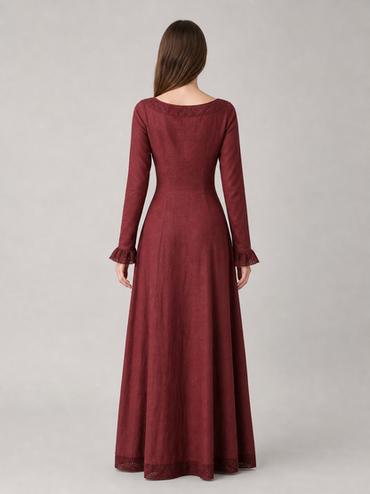 Vintage Burgundy Maxi Dress with Long Sleeves