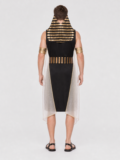 Pharaoh Costume with Nemes Headdress and Golden Hieroglyphs