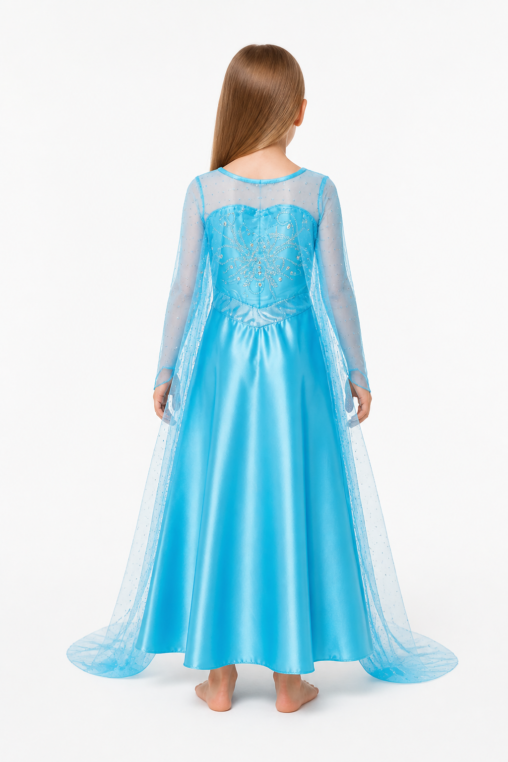 Long Blue Princess Dress with Butterfly and Train back view