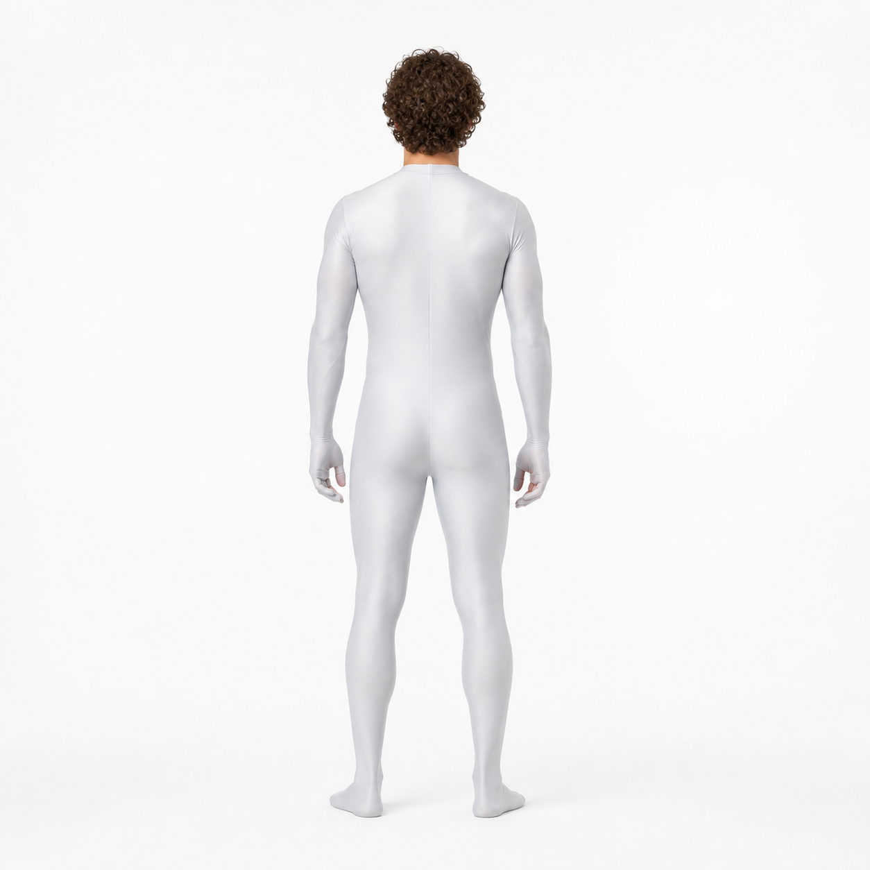 White Form-Fitting Zentai Jumpsuit with High Collar back view