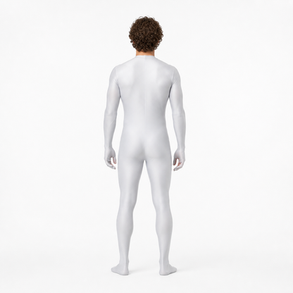 White Form-Fitting Zentai Jumpsuit with High Collar back view