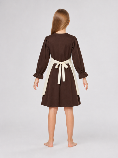 Victorian costume with dress, apron, and bonnet