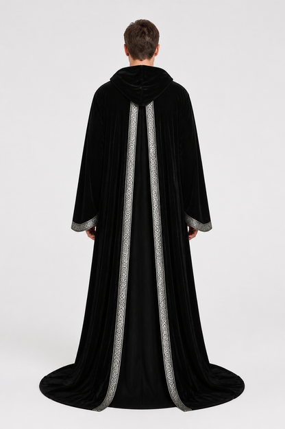 Black hooded cloak for Halloween, silver trim back view